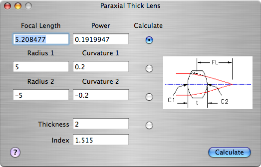 Paraxial Thick Lens Calculation Page